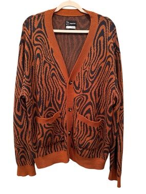 Original Use Orange & Black Swirl Pattern Cotton Cardigan Layer Cozy Sz L
